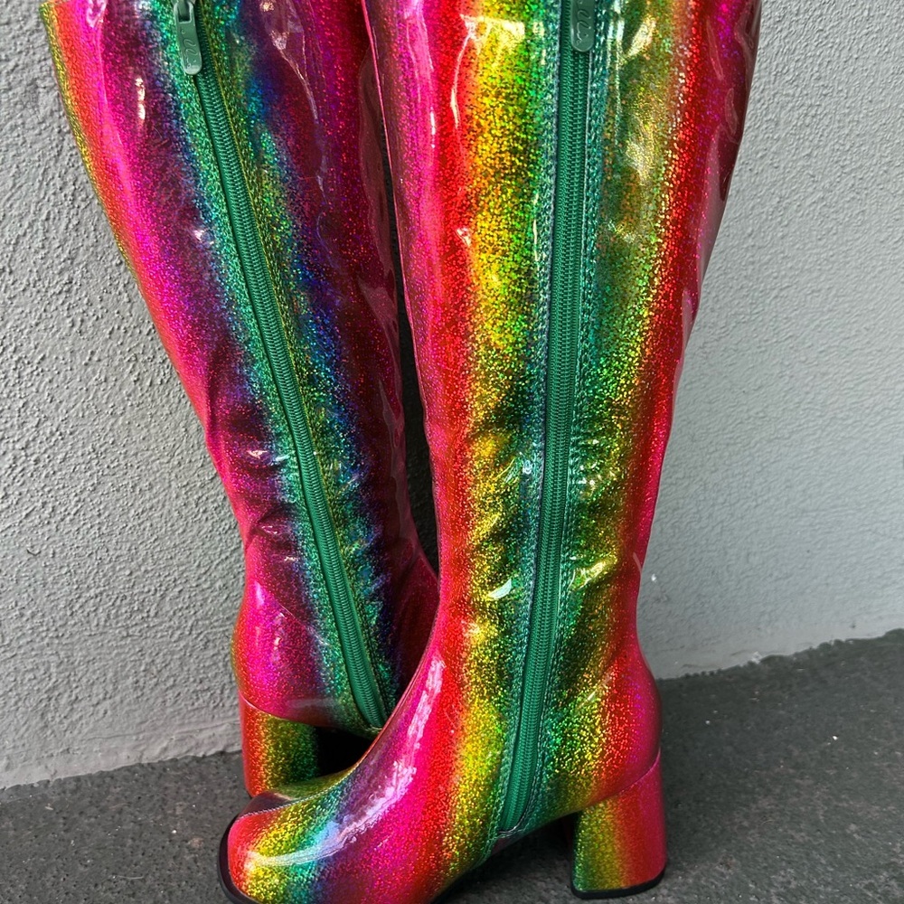 NEW Ellie Glitter Rainbow Go Go Boots Rave Raver EDM Knee High Festival Sz 7 - Picture 4 of 7